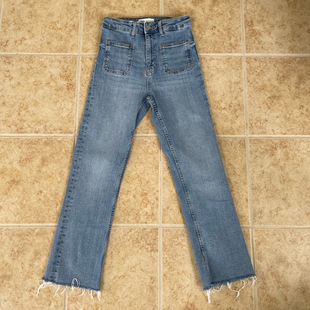 Zara Blue Straight Leg Jeans Unique Pockets